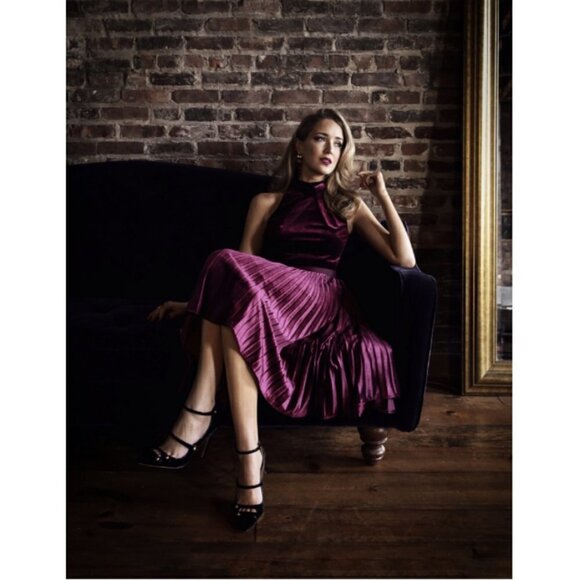 💕TED BAKER💕 Cornela Pleated Velvet Midi Dress ~ Oxblood TB4 US 10 NWT - Picture 10 of 17